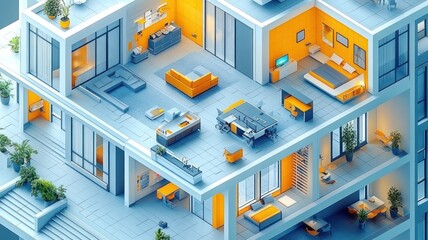 Obraz premium A modern, multi-level home interior showcasing vibrant design elements.