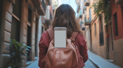 Back view of millennial woman with blank smartphone watching video guide during time for exploring Spanish capital - Barcelona using roaming internet for networking, female generation tracking gps. 