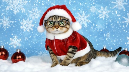 An adorable tabby cat dressed in a miniature Santa Claus outfit, complete with a red velvet coat and hat trimmed with white faux fur, posing against a backdrop of snowflakes and glittering ornaments.