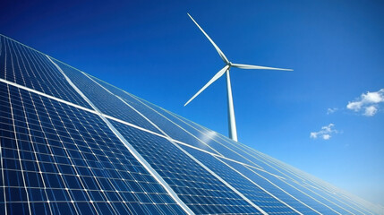 Sustainable energy is represented by wind turbine and solar panels under clear blue sky, showcasing harmony of renewable resources