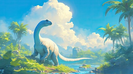 Brontosaurus illustration, with gentle pastel blue and yellow markings.
