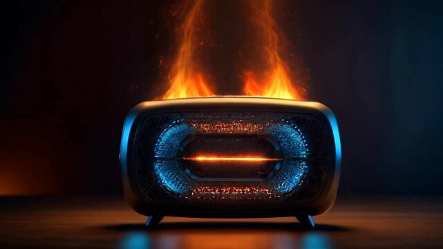 A blue and black portable speaker with a glowing blue light and a ring of orange flames.