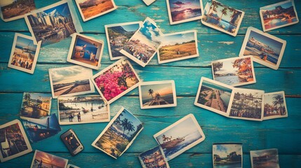 heap of travel photos on azure wood background. 