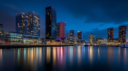 Fototapeta premium A vibrant city skyline at dusk, reflecting lights in the water.