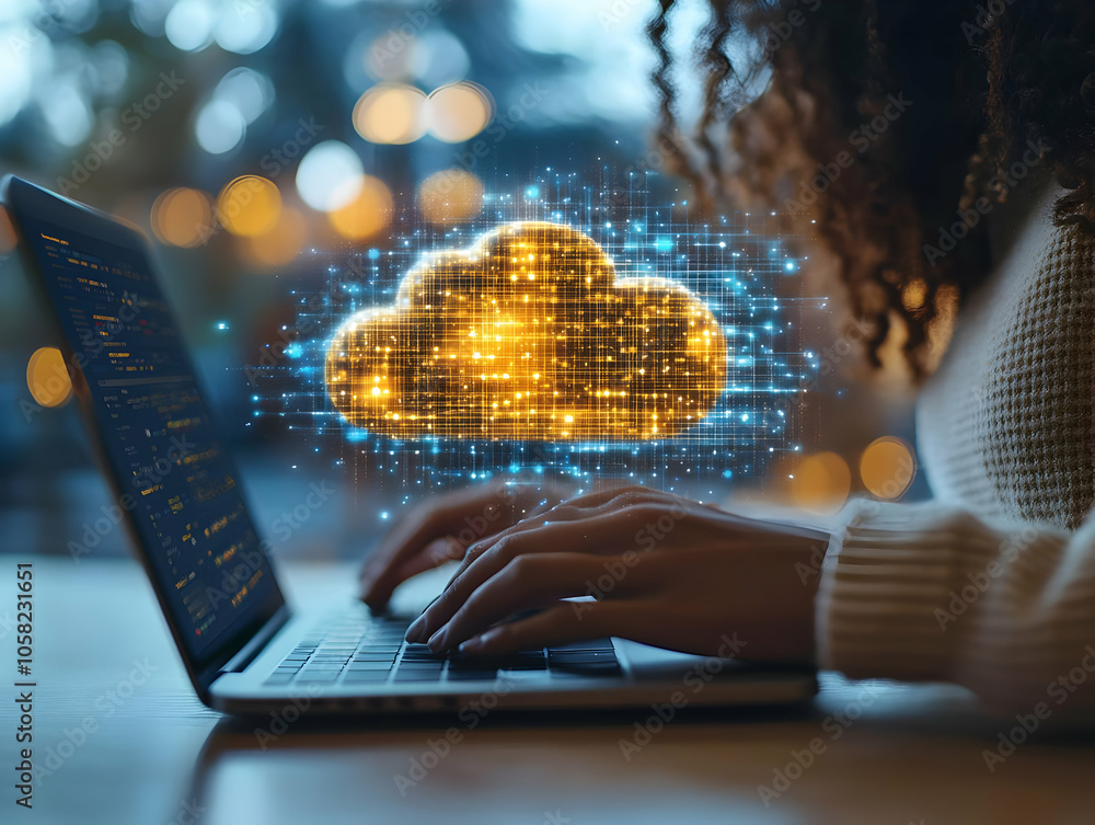 Poster abstract image of cloud computing technology with laptop