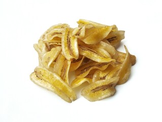Kripik pisang or sweet banana chips isolated on white background with high angle view setup 