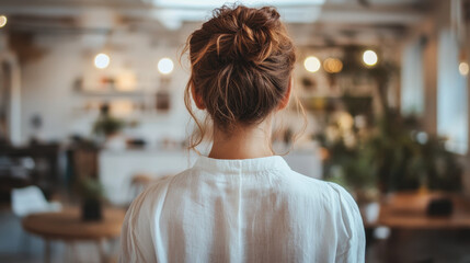 In this serene image, young woman with stylish bun hairstyle gazes thoughtfully into beautifully designed space filled with greenery and soft lighting. atmosphere exudes inspiration and calmness