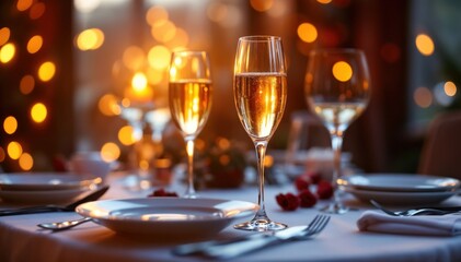 "Elegant Table Setting with Warm Glow and Champagne Glasses for a Festive Celebration"