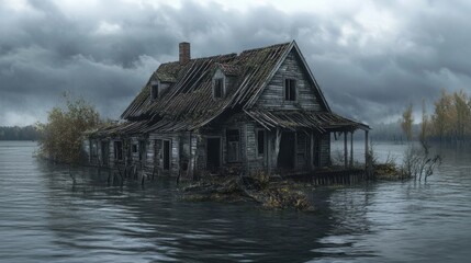 A poignant rendering of a once-beautiful floating house