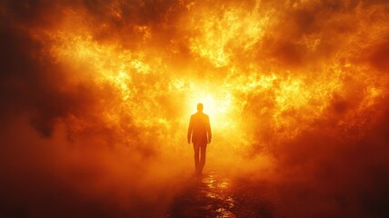 Fototapeta premium A silhouetted figure walks toward a fiery, glowing background.