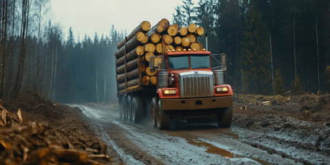 logging truck is transporting large load of fresh timber along muddy road surrounded by dense forest. scene captures rugged beauty of nature and hard work involved in logging