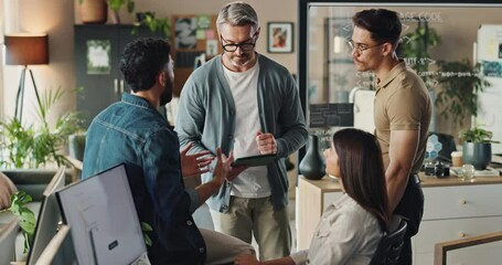 Business, people and manager with tablet in meeting for planning user interface system or code review for website development. Web developer, team or digital app for discussion of webpage maintenance - Powered by Adobe