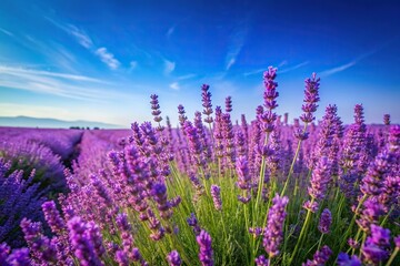 Fototapeta premium A beautiful lavender field with tall purple flowers swaying gently in the breeze against a clear blue sky, summer landscape, fragrant flowers, lavender fields, countryside