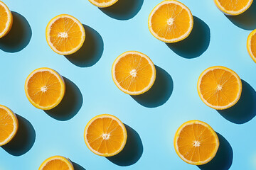 Fresh orange slices arranged on vibrant blue background create cheerful and refreshing visual. bright colors and shadows enhance appeal of this citrus display