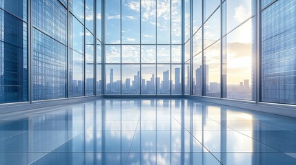 Modern office space with expansive windows showcasing a city skyline at sunset.