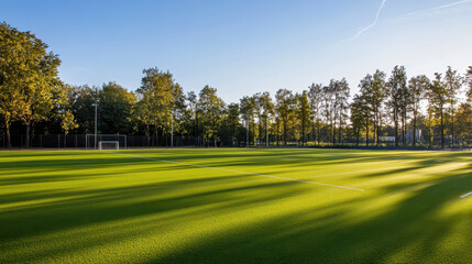 Obraz premium serene soccer pitch bathed in sunlight, surrounded by lush trees, creates perfect training environment. vibrant green grass and clear blue sky enhance peaceful atmosphere