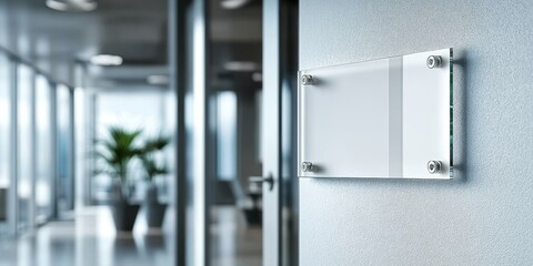 Mockup of Blank Glass Nameplate in Office Environment