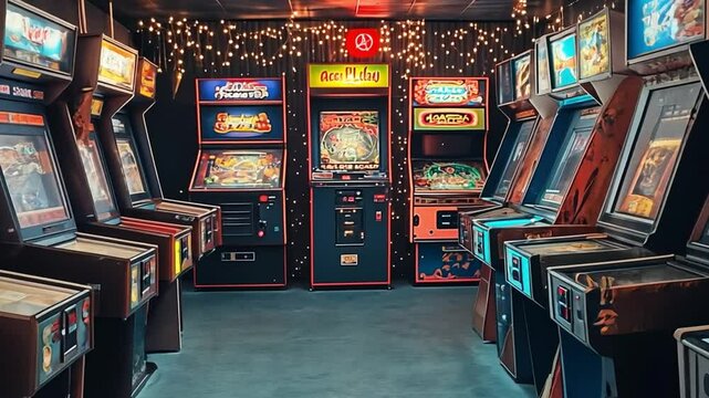 A vibrant arcade room filled with classic pinball and video game machines for entertainment.