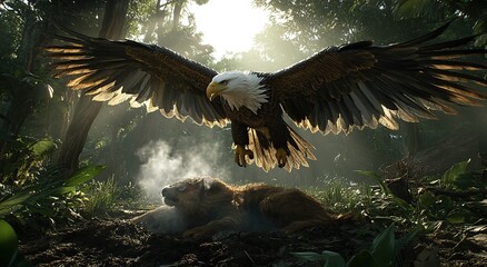 Majestic bald eagle soaring above a fallen wolf in a lush jungle setting.