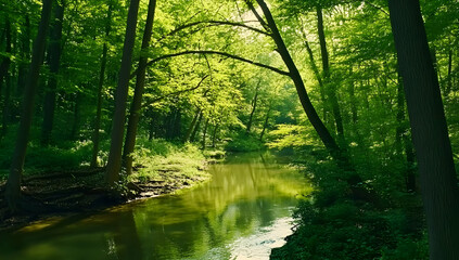 Fototapeta premium A serene forest scene with a winding creek surrounded by lush greenery.