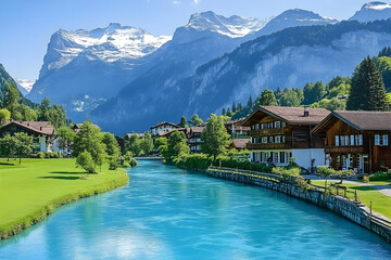 Naklejka premium Scenic view of a river surrounded by mountains and wooden houses in a serene landscape.