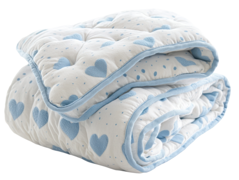 Cozy blue heart patterned blanket, neatly folded on a white background.