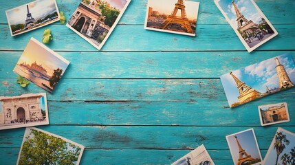 heap of travel photos on azure wood background. 