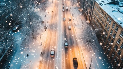 Fototapeta premium A snow-covered city street seen from above, with cars moving