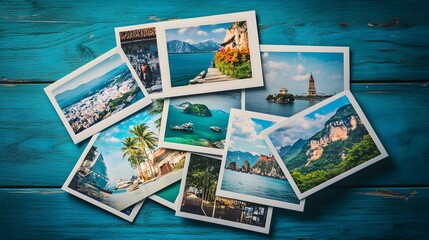 heap of travel photos on azure wood background. 