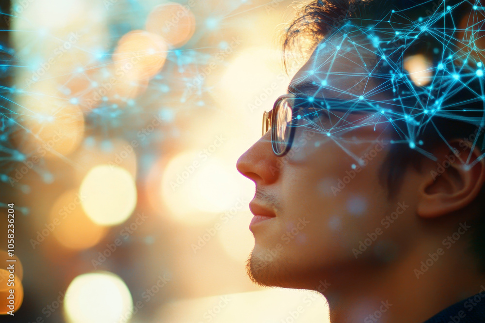 Poster close-up of a man wearing glasses with a digital network pattern on his face, symbolizing ai, techno