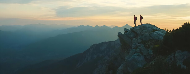 Two hikers stand on a rocky outcrop, overlooking a scenic mountain landscape at sunset.