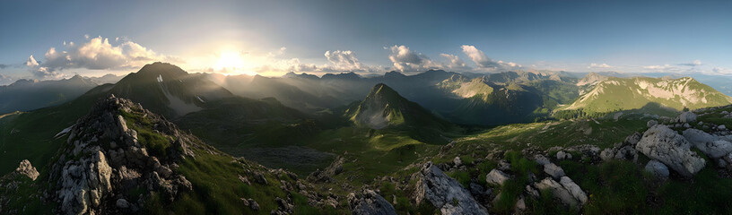 Fototapeta premium A panoramic view of majestic mountains at sunset, showcasing natural beauty and tranquility.