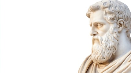 Fototapeta premium A detailed, side profile of a classical marble bust, showcasing intricate facial features and a flowing beard, set against a pure white background.