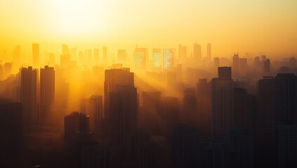 Fototapeta premium A city skyline at sunrise, with the sun casting a golden glow over the buildings.