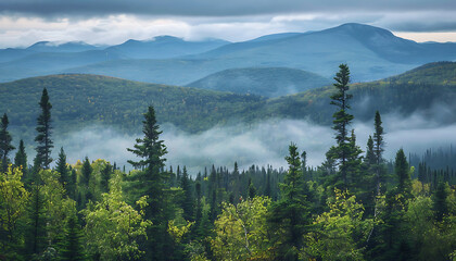 Obraz premium Fog in nature, beautiful natural scene view of fog in the forest with landscape by AI generative.