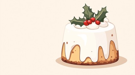 A festive Christmas cake topped with holly and berries, showcasing a creamy frosting against a soft, neutral background, perfect for holiday celebrations.