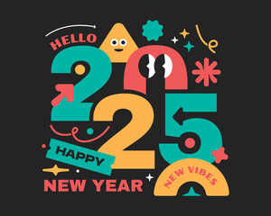 2025 New year colorful text. Shape geometric trendy element party. Groovy design Y2k style.