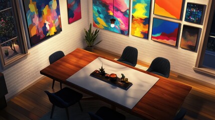 A virtual art display on a dining table, featuring a cohesive