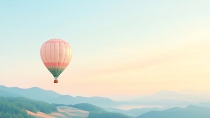 Fototapeta premium A serene hot air balloon soaring over hazy mountains at sunrise, showcasing a blend of pastels in the sky and tranquil landscapes below.