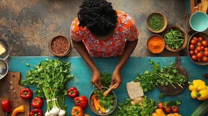 A woman focused on preparing a dish in a cooking class,