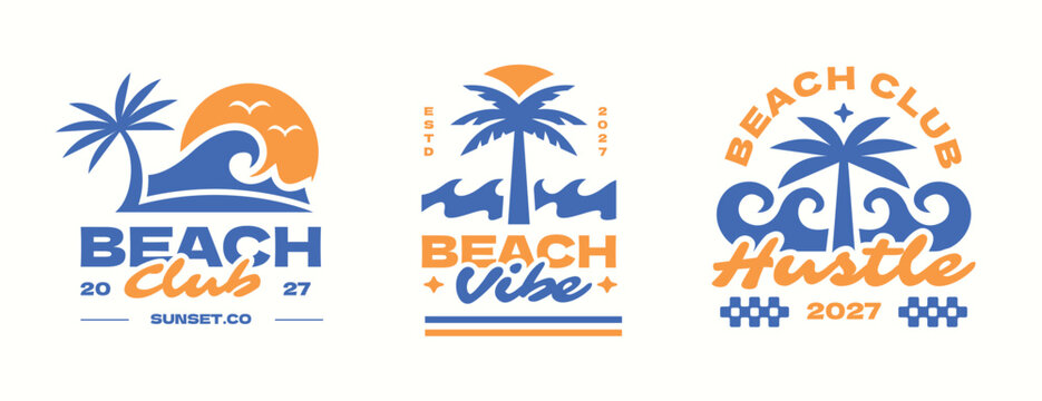 Beach club logos badge. Tropical sunset vibes apparel design template
