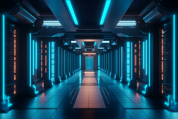 Fototapeta premium modern data center interior, rows of powerful servers glowing with blue lights, surrounded by a high-tech cooling system