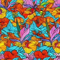 Fototapeta premium seamless pattern of bold tropical flowers, including hibiscus and bird of paradise, in bright, contrasting colors