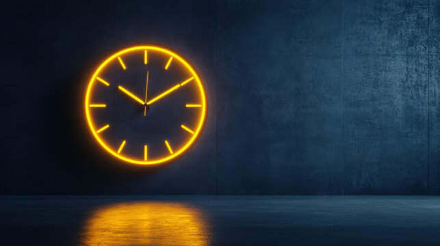 glowing neon clock on dark wall, casting reflections on floor, creating modern ambiance - Powered by Adobe