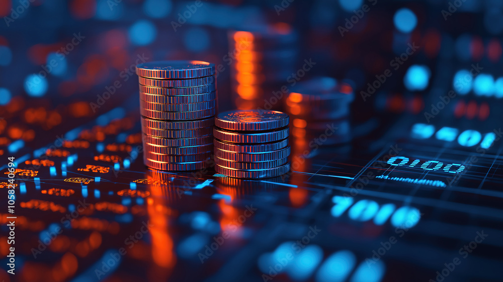 Poster understanding business concepts with rows of coins and investment graphs in blue tones