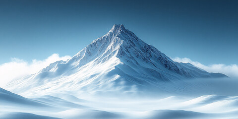 A snowy mountain peak standing against a clear blue sky, evoking a serene and tranquil atmosphere, suitable for nature and travel-related content.