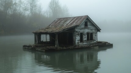 Obraz premium An eerie scene of an old, abandoned floating house with
