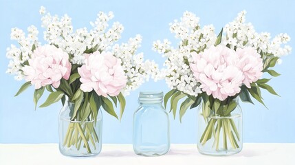 Fototapeta premium Beautiful arrangement of soft pink and white flowers in elegant glass jars against a serene blue background, perfect for home decor.