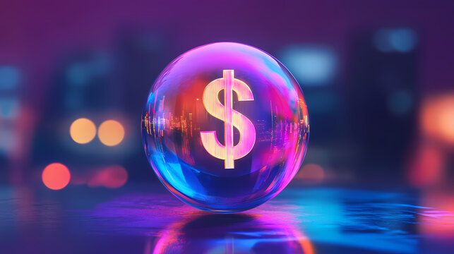 A colorful crystal ball featuring a dollar symbol, representing financial insights and wealth predictions. Crystal Fortress. Illustration