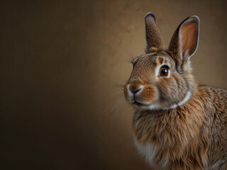 A rabbit on a textured grey surface with ample blank space.